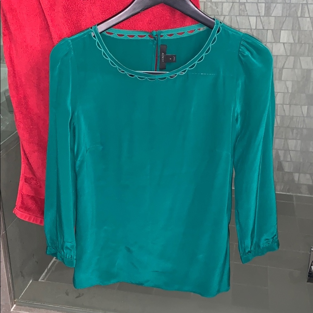 Emerald green j.crew boatneck silk blouse